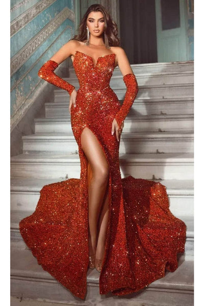 Portia and Scarlett PS23521 -long- Sequined Mermaid Prom Dress with Slit - Burnt-Orange / 00 - Dress