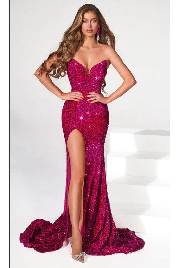 Portia and Scarlett PS23521 Sequin Velvet Prom Dress With Slit - MAGENTA / Dress