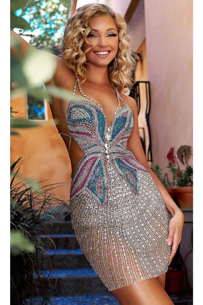 Portia and Scarlett PS23552C -Short- Butterfly Beaded Homecoming Dress - Silver AB / 00 - Dress