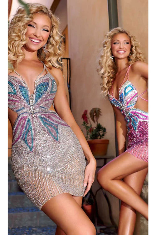 Portia and Scarlett PS23552C -Short- Butterfly Beaded Homecoming Dress - Silver AB / 4 - Dress