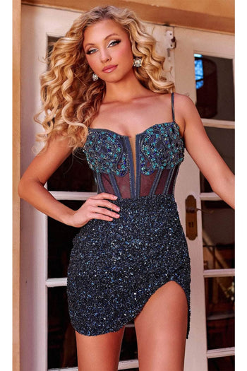 Portia and Scarlett PS23556C -short- Homecoming Dress with Embellished Bodice - Navy / 2 - Dress