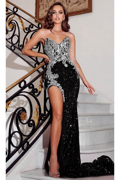 Portia and Scarlett PS23645 -long- Bejeweled Prom Gown with High Slit - Black / 00 - Dress