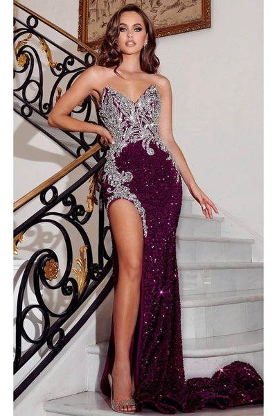 Portia and Scarlett PS23645 -long- Bejeweled Prom Gown with High Slit - Black / 22 - Dress