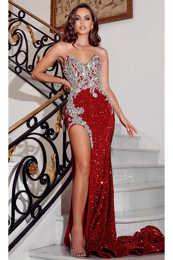 Portia and Scarlett PS23645 - long-Strapless Prom Gown with Beaded Details - Red / 00 - Dress