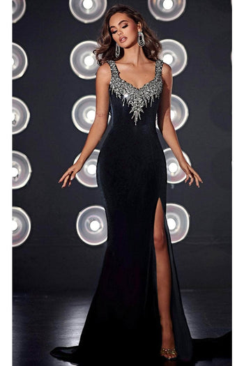 Portia and Scarlett PS23650 -long- Bejeweled Velvet Evening Dress - Black / 00 - Dress