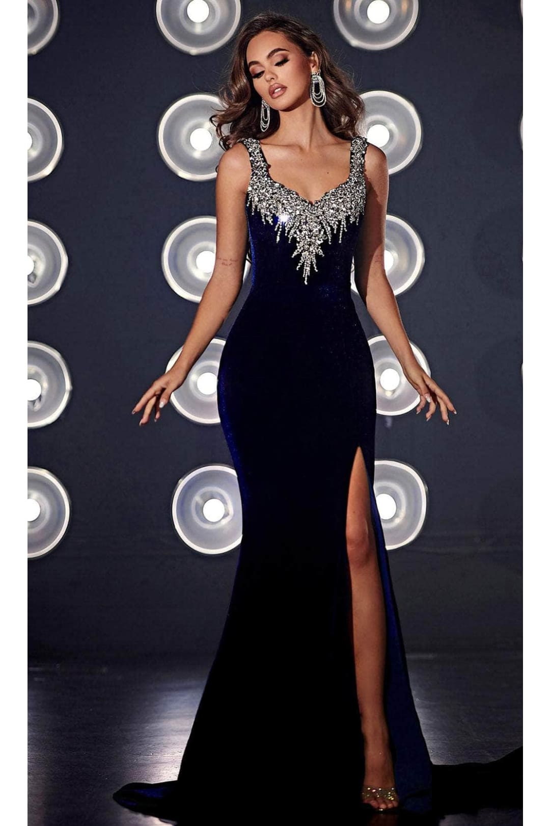 Portia and Scarlett PS23650 -long- Bejeweled Velvet Evening Dress - Black / 4 - Dress