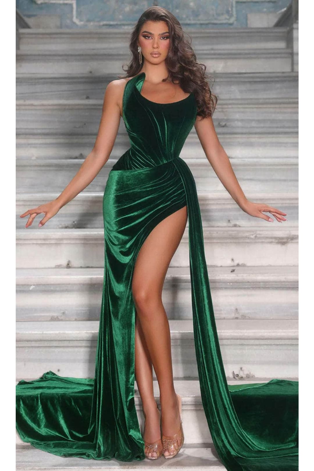 Portia and Scarlett PS23669 -long- Classic Velvet Prom Gown with Asymmetrical Design