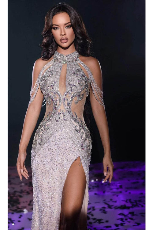 Portia and Scarlett PS23704C -long- Evening Dress with Bejeweled Cutouts - Silver Nude / 6 - Dress