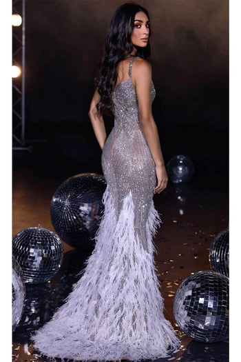 Portia and Scarlett PS23705C -long- Illusion Trumpet Evening Gown with Beaded Details - Silver-Gold-Ab / 2 - Dress