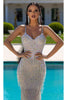 Portia and Scarlett PS23713C -long- V-Neck Beaded Fringe Evening Gown - White-Ab / 18 - Dress