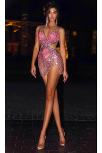 Portia and Scarlett PS23730C -short- Embellished Cutout Cocktail Dress - Hot/Pink/Blue / 2 - Dress