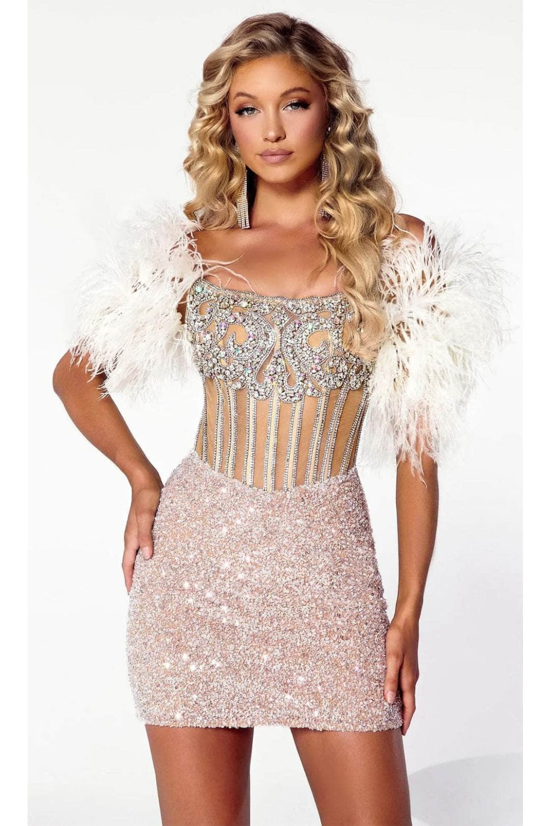 Portia and Scarlett PS23731C -short- Corset Homecoming Dress with Feathers - Light Blue / 16 - Dress