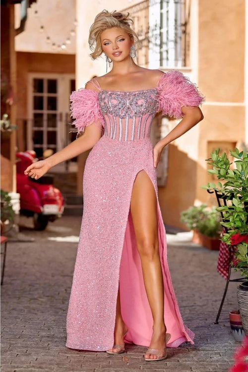 Portia and Scarlett PS23741C Off-Shoulder Feather Fringe Evening Gown - PINK / Dress