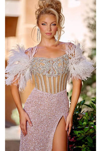 Portia and Scarlett PS23741C -short- Sequin Prom Gown with Feather Details - Blue / 10 - Dress