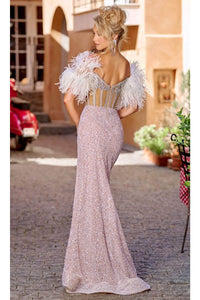 Portia and Scarlett PS23741C -short- Sequin Prom Gown with Feather Details - Blue / 8 - Dress