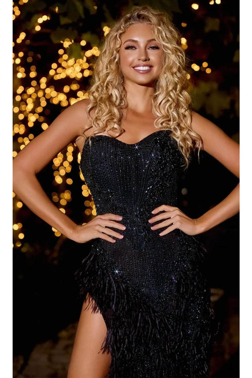 Portia and Scarlett PS23748C -long- Strapless Feathered Sheath Prom Dress - Black / 4 - Dress