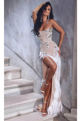 Clearance Ivory Nude Size 2 Strapless Feathered Sheath Long Prom Dress By Portia and Scarlett PS23748C
