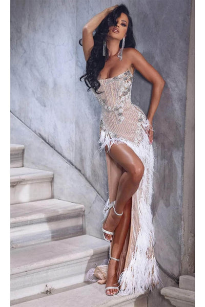 Portia and Scarlett PS23748C -long- Strapless Feathered Sheath Prom Dress - Black / 6 - Dress
