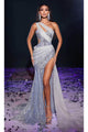 Portia and Scarlett PS23924 -long- Draped Evening Gown with Beaded Appliqués - Blue-Silver / 00 - Dress