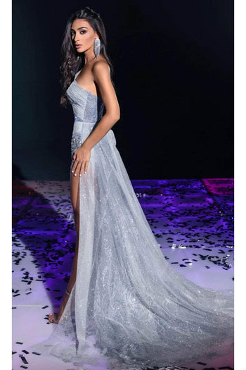 Portia and Scarlett PS23924 -long- Draped One Shoulder Evening Gown for Effortless Elegance - Blue-Silver / 2 - Dress