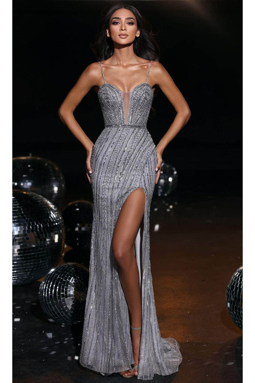 Portia and Scarlett PS23956 - long-Sheer Inset Glittered Dress - Silver / 00 - Dress