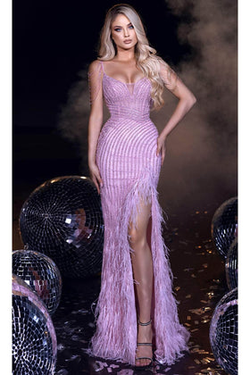 Portia and Scarlett PS23962 -long- Sheath Dress with Feather High Slit