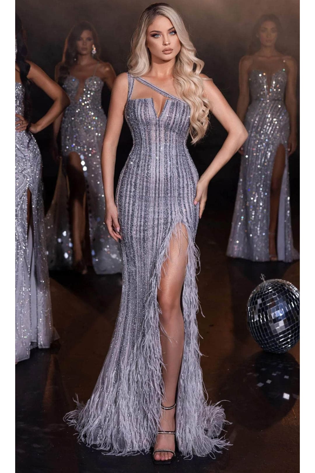 Portia and Scarlett PS23965 Stripe-Beaded Feather Gown Portia and Scarlett PS23965 Stripe-Beaded Feather Gown