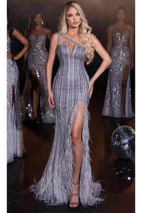 Portia and Scarlett PS23965 -long- Stripe-Beaded Asymmetrical Gown with Feathers