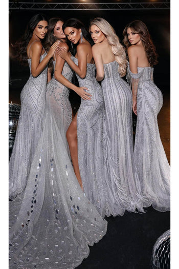 Portia and Scarlett PS23965 -long- Stripe-Beaded Asymmetrical Gown with Feathers - Silver / 16 - Dress