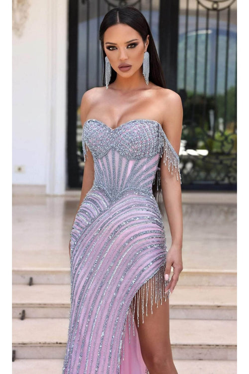 Portia and Scarlett PS23967 -long- Sweetheart Gown with Fringe Detail and Slit - Pink-Silver / 18 - Dress
