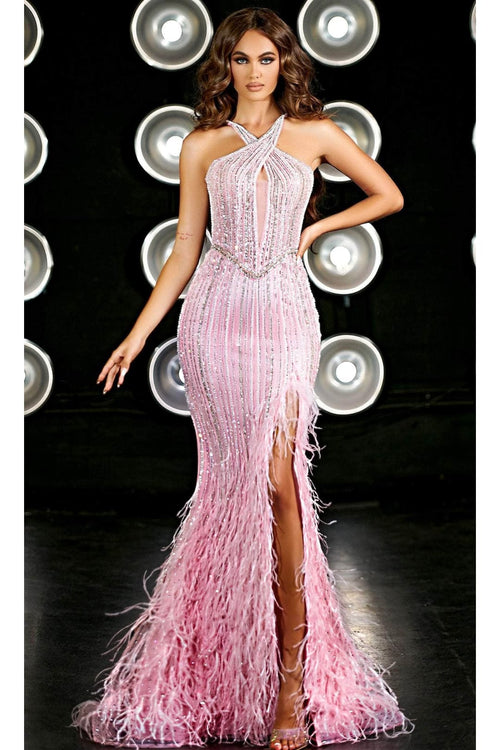 Portia and Scarlett PS23970 -long- Classic Long Prom Gown with Halter Neckline and Feather Details - Pink / 00 - Dress