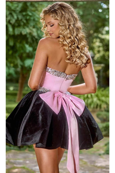 Portia and Scarlett PS24014 -short- A-Line Cocktail Dress with Beaded Trim - Black Pink / Dress