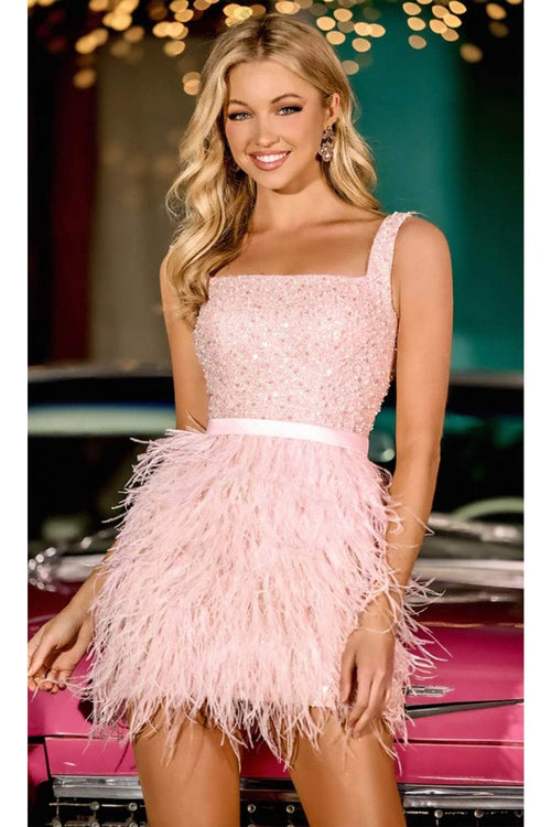 Portia and Scarlett PS24022 - short-Square Neck Cocktail Dress with Feathers - Blue / 4 - Dress