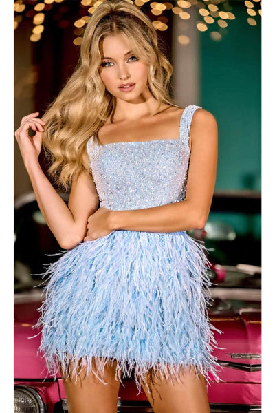Portia and Scarlett PS24022 - short-Square Neck Cocktail Dress with Feathers - Blue / 6 - Dress