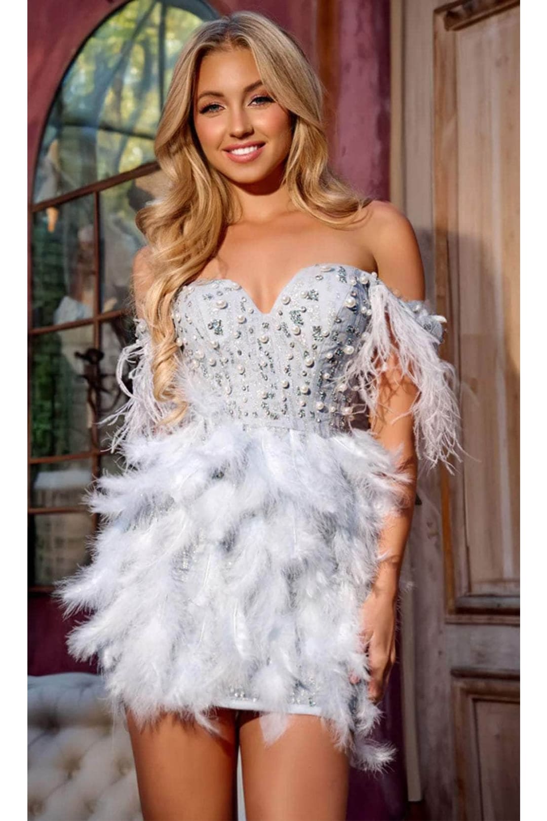 Portia and Scarlett PS24023 -short- Sweetheart Cocktail Dress with Feather Accents - Blue / 4 - Dress