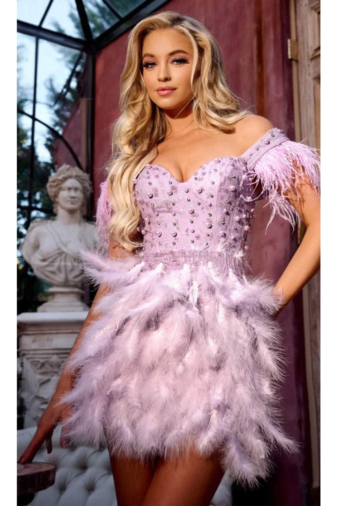 Portia and Scarlett PS24023 -short- Sweetheart Cocktail Dress with Feather Accents - Blue / 8 - Dress
