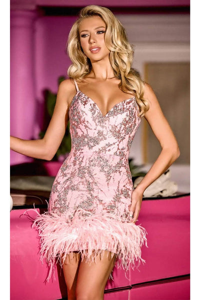 Portia and Scarlett PS24033 -short- V-Neck Cocktail Dress with Feathered Hem - Pink / 4 - Dress