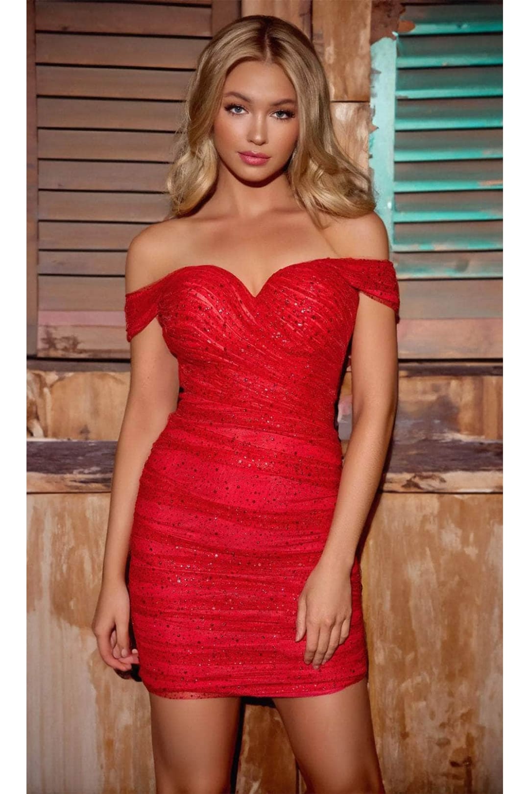 Portia and Scarlett PS24036 -short- Shirred Off-Shoulder Cocktail Dress - Black Nude / 8 - Dress