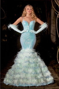 Portia And Scarlett PS24037 Fitted Sequin Mermaid Feather Prom Dress - CELESTE BLUE / Dress