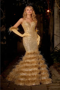 Portia And Scarlett PS24037 Fitted Sequin Mermaid Feather Prom Dress - GOLD / Dress