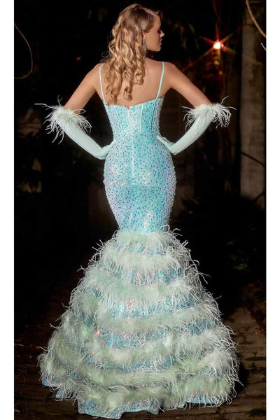 Portia and Scarlett PS24037 -long- Trumpet Prom Dress with Feather Details - Celeste-Blue / 18 - Dress
