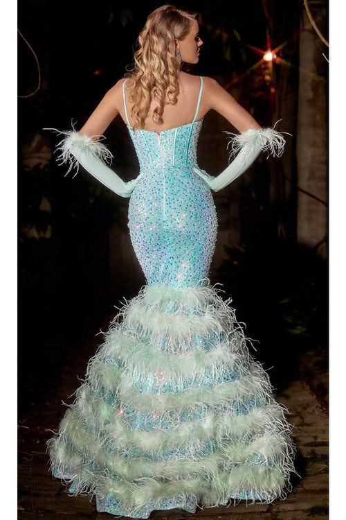 Portia and Scarlett PS24037 -long- Trumpet Prom Dress with Feather Details - Celeste-Blue / 18 - Dress