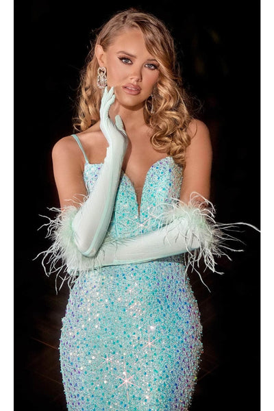 Portia and Scarlett PS24037 -long- Trumpet Prom Dress with Feather Details - Celeste-Blue / 20 - Dress