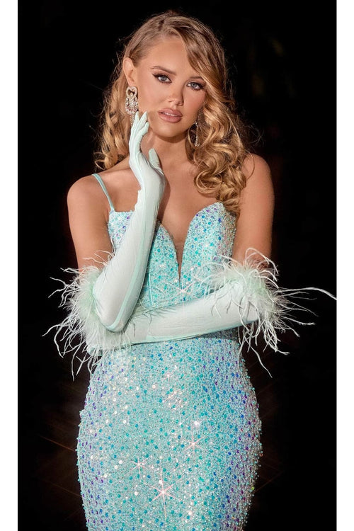 Portia and Scarlett PS24037 -long- Trumpet Prom Dress with Feather Details - Celeste-Blue / 20 - Dress