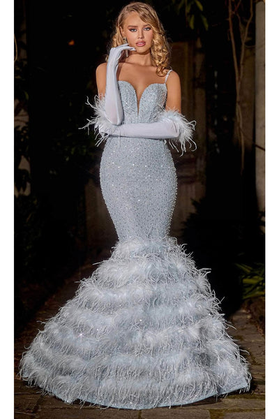 Portia and Scarlett PS24037 -long- Trumpet Prom Dress with Feather Details - Celeste-Blue / 22 - Dress