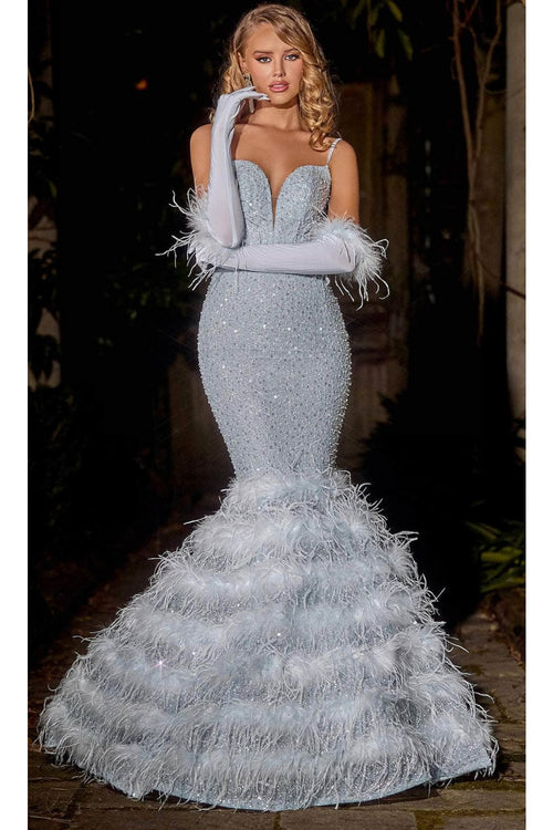 Portia and Scarlett PS24037 -long- Trumpet Prom Dress with Feather Details - Celeste-Blue / 22 - Dress