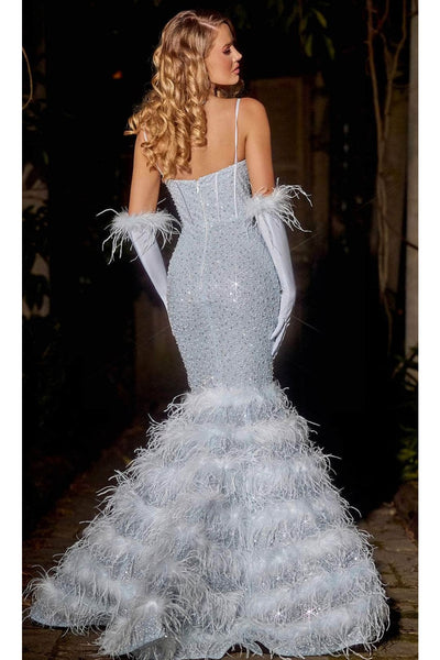 Portia and Scarlett PS24037 -long- Trumpet Prom Dress with Feather Details - Celeste-Blue / 24 - Dress