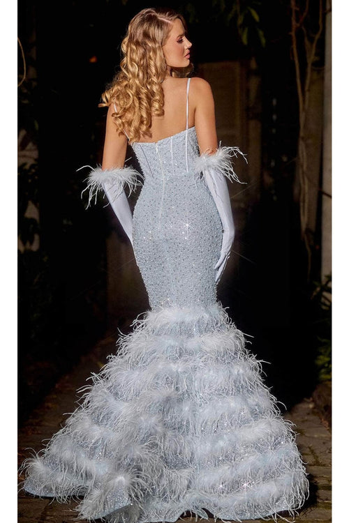 Portia and Scarlett PS24037 -long- Trumpet Prom Dress with Feather Details - Celeste-Blue / 24 - Dress