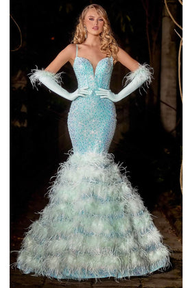 Portia and Scarlett PS24037 -long- Trumpet Prom Dress with Feather Details