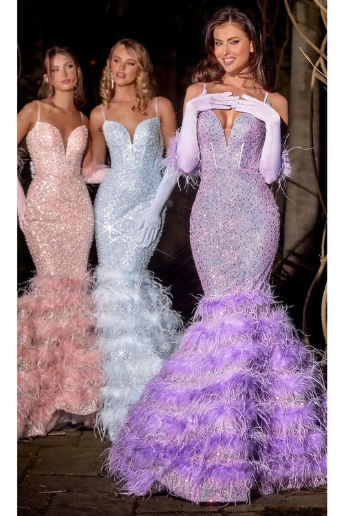 Portia and Scarlett PS24037 -long- Trumpet Prom Dress with Feather Details - Cinderella-Blue / 10 - Dress